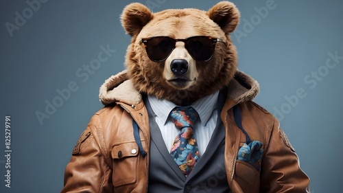 A trendy animal posing like a supermodel, a cool-looking bear wearing a creative fashion outfit with a jacket, tie, sunglasses, and a simple background © Uzair
