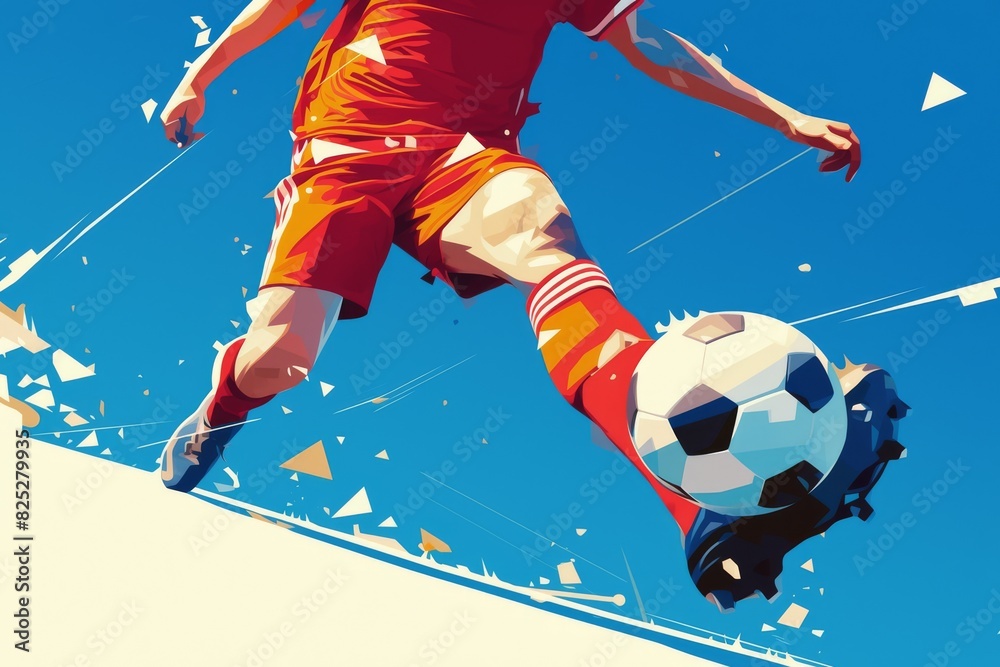 Dynamic football kick with abstract geometric shapes