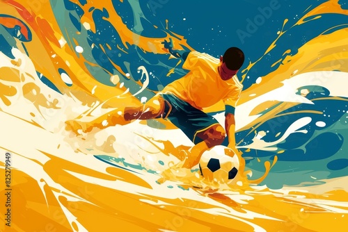 Abstract soccer player in action on a dynamic yellow splash background