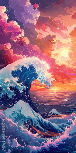 colorful sunset sky and  surrealistic waves