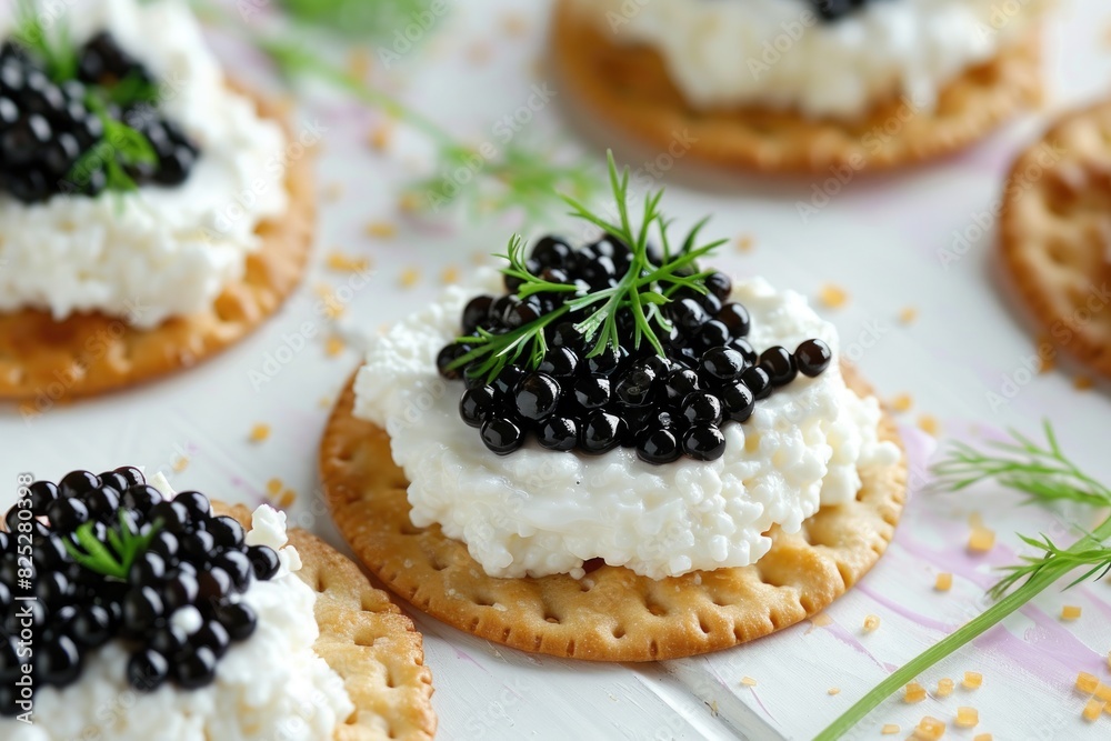 Gourmet Cracker Appetizer with Black Caviar and Cream Cheese on Elegant Plate Gourmet Cracker Appetizer with Black Caviar and Cream Cheese on Elegant Plate