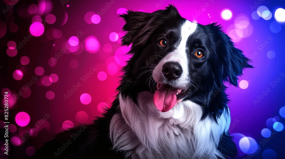  A black-and-white dog sits before a purple and pink backdrop Circles of light emanate above its head