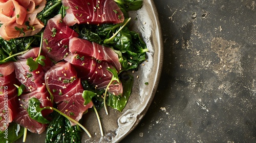 Healthy Japanese fish dish of an assortment of sliced pieces of tuna maguro sashimi . Generative Ai photo