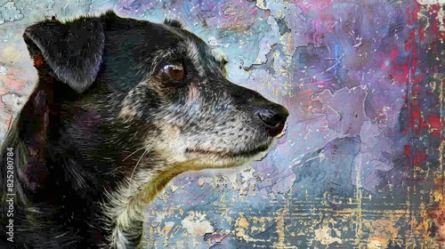  A tight shot of a dog's face gazing at a painting of vibrant hues - blue, purple, yellow, and red - against a backdrop of a black doghead photo