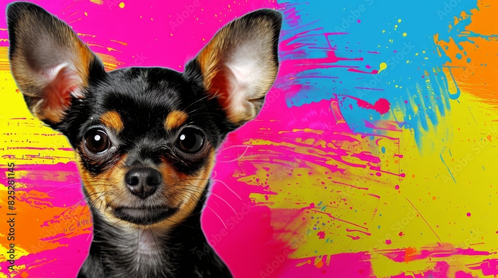 A small dog, black and brown, stands before a vibrant wall Splatters of paint in pink, yellow, blue, pink, orange, and green cover the background A small dog, black and brown, stands before a vibrant wall Splatters of paint in pink, yellow, blue, pink, orange, and green cover the background