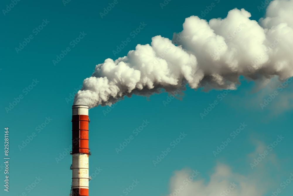 Tall chimney expels dense white smoke against a bright blue sky, symbolizing air pollution