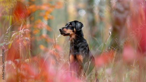  A black-and-brown dog sits in a red and yellow flower field, before a forest of tall grass and blooms