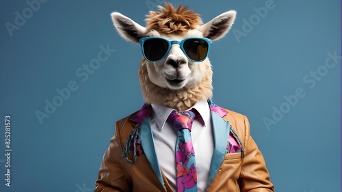 A trendy animal posing like a supermodel, a cool-looking llama wearing a creative fashion outfit with a jacket, tie, sunglasses, and a simple background © Uzair