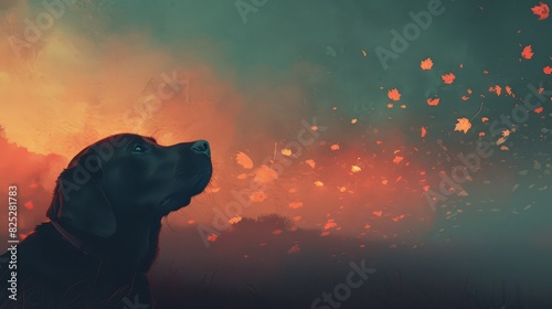  A painting of a dog gazing at a distant sky filled with red and orange blooms, surrounded by a black dog looking up at nearby red and orange flowers
