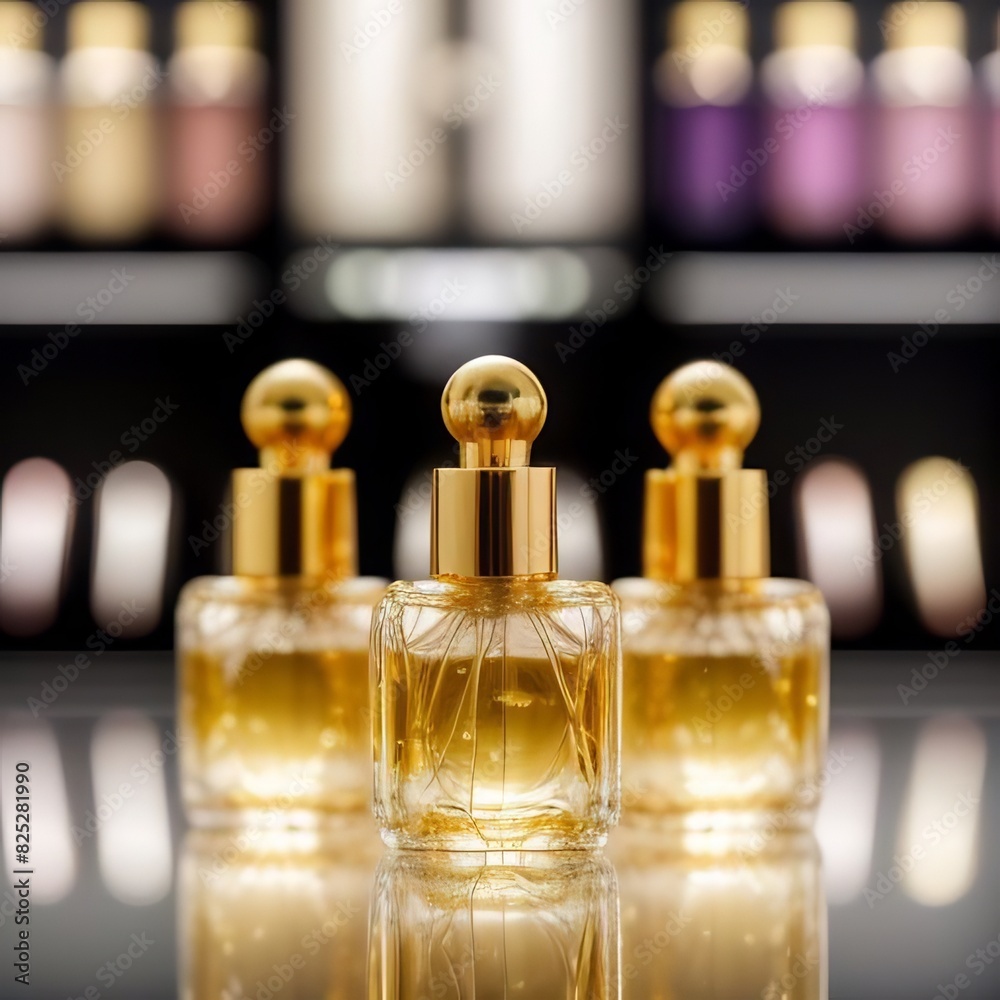 This image captures a mesmerizing composition of golden perfume bottles, each one a testament to luxury and elegance. This composition is perfect for an upscale perfume store. This image captures a mesmerizing composition of golden perfume bottles, each one a testament to luxury and elegance. This composition is perfect for an upscale perfume store.