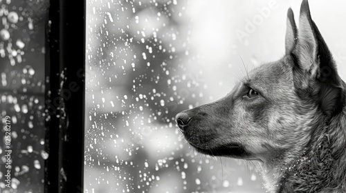  A black-and-white image of a dog gazing out of a window, raindrops speckling the pane, as its head is turned toward the precipitation photo
