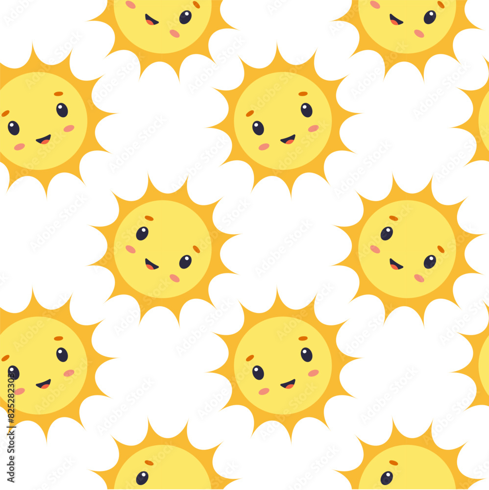 Summer seamless pattern with cute cartoon sun on white background. Summer children's background. Design for textiles, wrapping paper, notebooks, notepad. Summer seamless pattern with cute cartoon sun on white background. Summer children's background. Design for textiles, wrapping paper, notebooks, notepad.