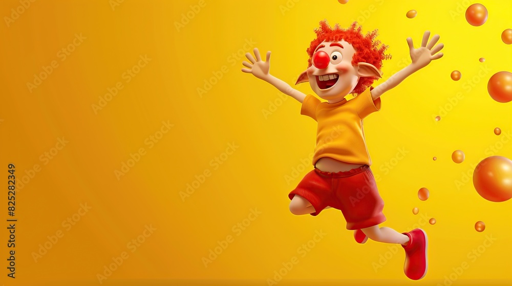 jumping smile happiest a boy with red clown nose on yellow background. Generative Ai jumping smile happiest a boy with red clown nose on yellow background. Generative Ai