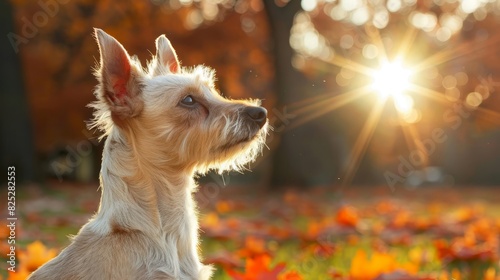  A small white dog sits in a flower-filled field Sunlight filters through trees and casts golden leaves on the ground Behind the dog, an expansive orange bloom unfolds photo