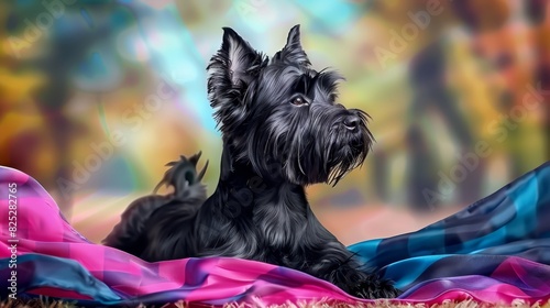  A black dog lies atop a blanket in a grassy field dotted with trees The scene is framed by a colorful painting of trees in the background photo