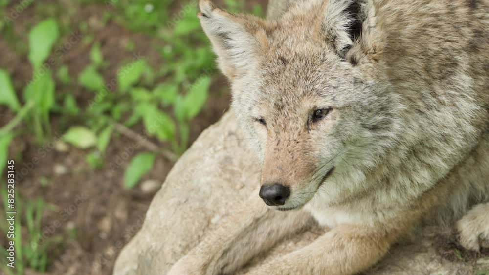 Close-up Of Coywolf Wild Dog Resting Over Rock In The Forest. Close-up Of Coywolf Wild Dog Resting Over Rock In The Forest.