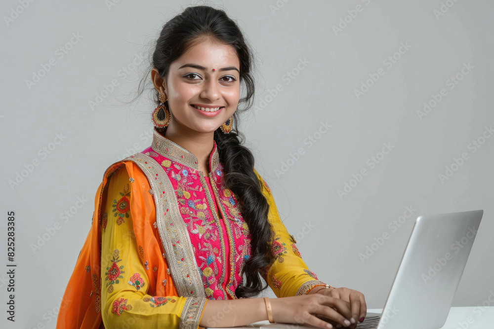 Young indian woman using laptop on white background Young indian woman using laptop on white background