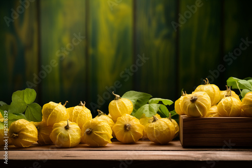 yellow tomatillos on a wooden table for banner, backdrop photo