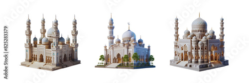 Set of Three Illustration of 3D illustration of mosque building, Islamic Festival Concept, isolated over on transparent white background