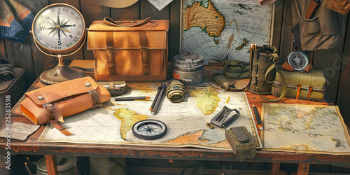 Australian Outback Explorer's Desk: A rugged desk with maps, compasses, and camping gear, reflecting the adventurous spirit and survival skills