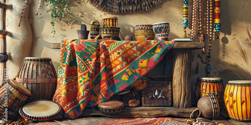 African Storyteller's Desk: A rustic desk with a colorful blanket and traditional African artifacts, such as drums and beads, reflecting the cultural heritage and oral storytelling photo