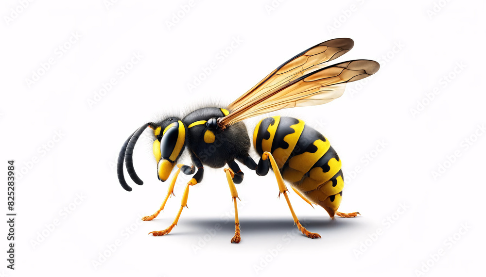 A wasp, showcasing its yellow and black striped body, delicate wings, and vibrant yellow legs A wasp, showcasing its yellow and black striped body, delicate wings, and vibrant yellow legs