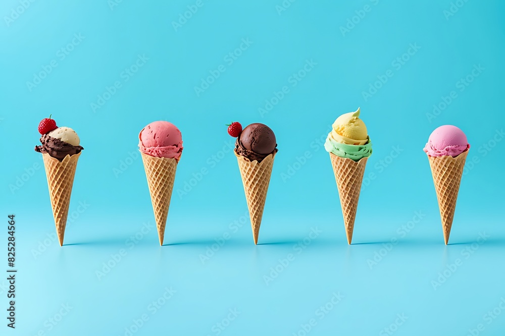 Ice cream scoop on waffle cone cutout, Many assorted different flavors on white background, mockup template for artwork and design projects Ice cream scoop on waffle cone cutout, Many assorted different flavors on white background, mockup template for artwork and design projects