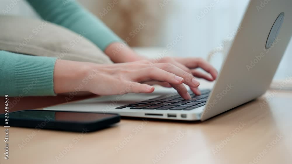 A young woman happily sits on a sofa using a laptop to do online work at home. A young woman happily sits on a sofa using a laptop to do online work at home.