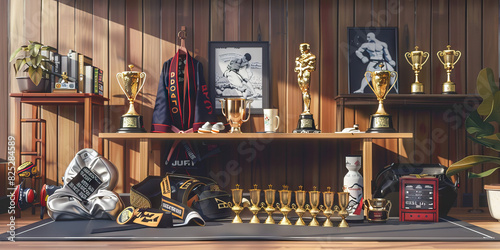 Brazilian Jiu-Jitsu Instructor's Desk: A functional training mat with various martial arts equipment, including a uniform and trophies, reflecting the disciplined lifestyle and expertise photo