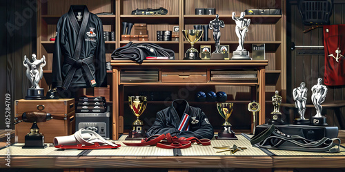 Brazilian Jiu-Jitsu Instructor's Desk: A functional training mat with various martial arts equipment, including a uniform and trophies, reflecting the disciplined lifestyle and expertise photo
