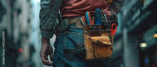 Construction worker wearing a tool belt. © Sittipol 