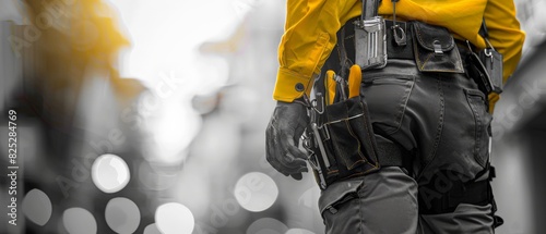 Construction worker wearing a yellow hard hat and black tool belt.