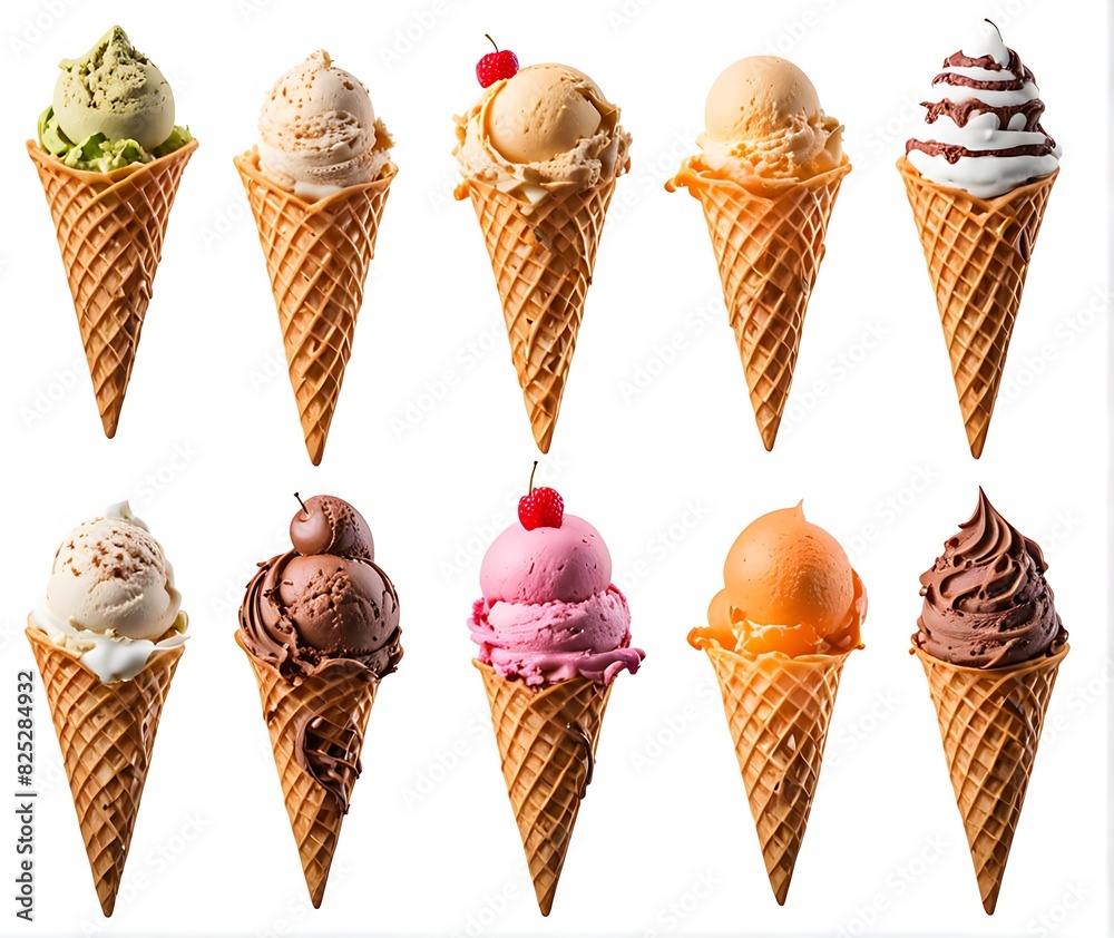 Ice cream scoop on waffle cone cutout, Many assorted different flavors on white background, mockup template for artwork and design projects Ice cream scoop on waffle cone cutout, Many assorted different flavors on white background, mockup template for artwork and design projects