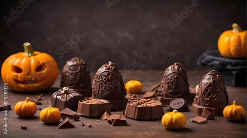 Fancy chocolates and halloween pumpkins chocolate for Halloween on brown background, photo