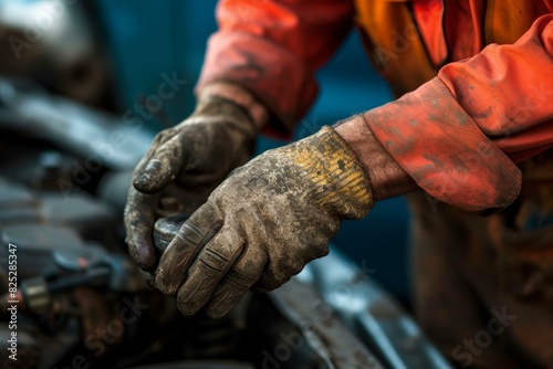 Closeup of greasy hands fixing machinery, depicting hard work and expertise