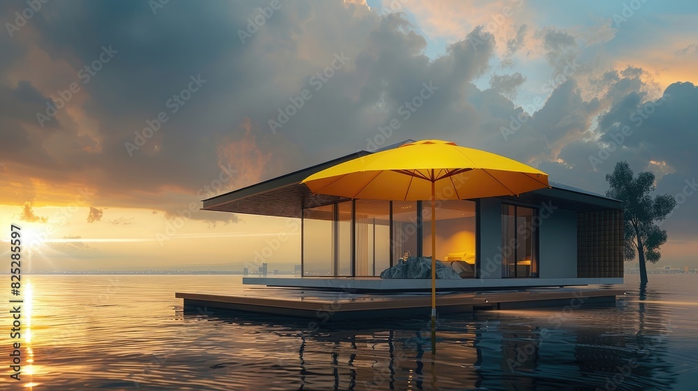 3D rendering of a yellow umbrella protecting a floating modern house on a lake from rain in a sunset sky background. Probi zoekt gNumeric