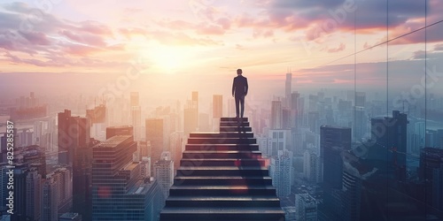 Businessman standing on top of the stairs with city background, business success concept, photo for stock photography, copy space, high resolution, high detail,
