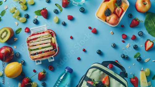 An overhead view of a lunchbox filled with sandwiches, fruits, and berries, depicting a nourishing school break.

 photo
