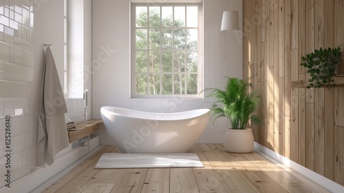 A modern bathroom interior featuring a shower  a white tub  and a uniquely shaped window with white and wooden elements.  