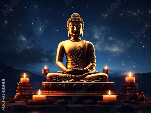 Beautiful sky buddha statue, Vesak day celebration - Generative Ai