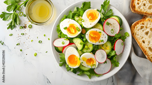 Delicious summer salad with boiled eggs, radishes, green onions and cucumber served with toasted bread close-up in a bowl on the table. horizontal top view from above isolated on white background, sim