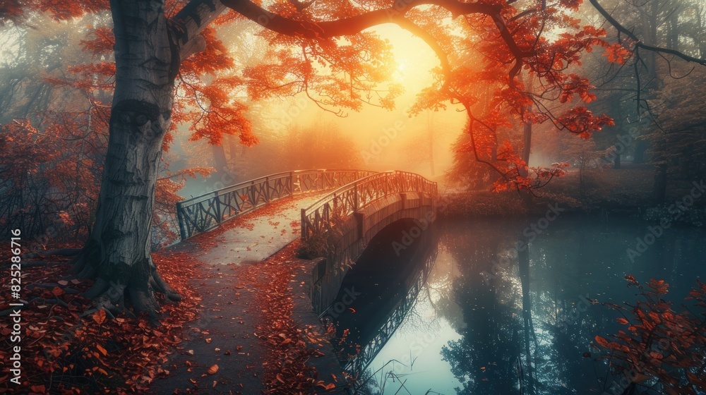 A picturesque autumn landscape with a lake bridge and a golden forest path.

