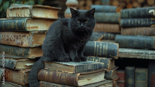 superstitions and symbols, a dark cat sits on a pile of books, symbolizing mystical beliefs about fate and fortune photo