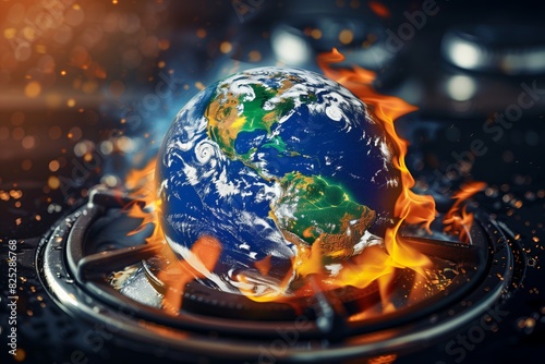 Artistic depiction of Earth on fire, highlighting global warming and climate change issues on a dramatic scale.