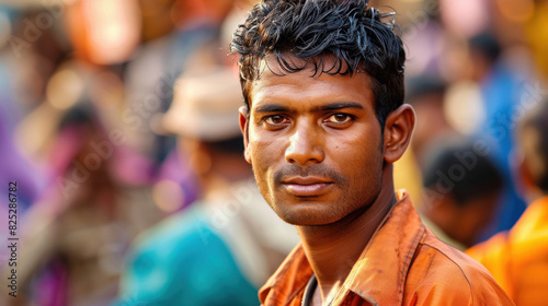 young indian man standing at public crowd