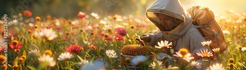 A beekeeper hiding in a flower field, tending to their hives, Nature, Realistic, Warm and vibrant hues photo