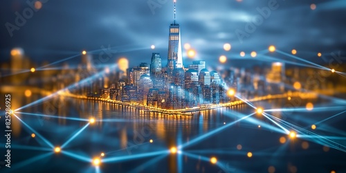 Futuristic cityscape with glowing network lines  representing advanced technology and digital connectivity in an urban environment.
