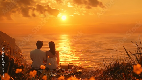 A couple watching a sunset from a cliffside  with a picnic spread out in front of them  Summer  Warm tones  Digital Art