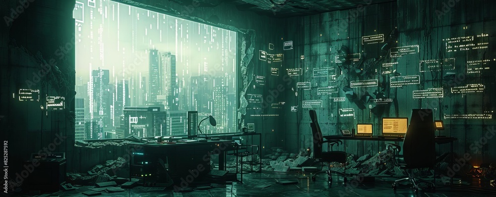 A derelict office tower with contracts projected onto crumbling walls, cyberpunk, dark tones, 3D render
