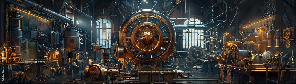 A detailed view of a steampunk-inspired workshop with complex machinery, vintage gears, and an industrial ambiance under dim lighting.